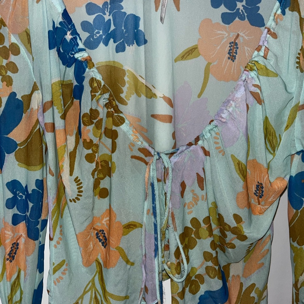 Free People Floral V-Neck Blouse with Tie Detail